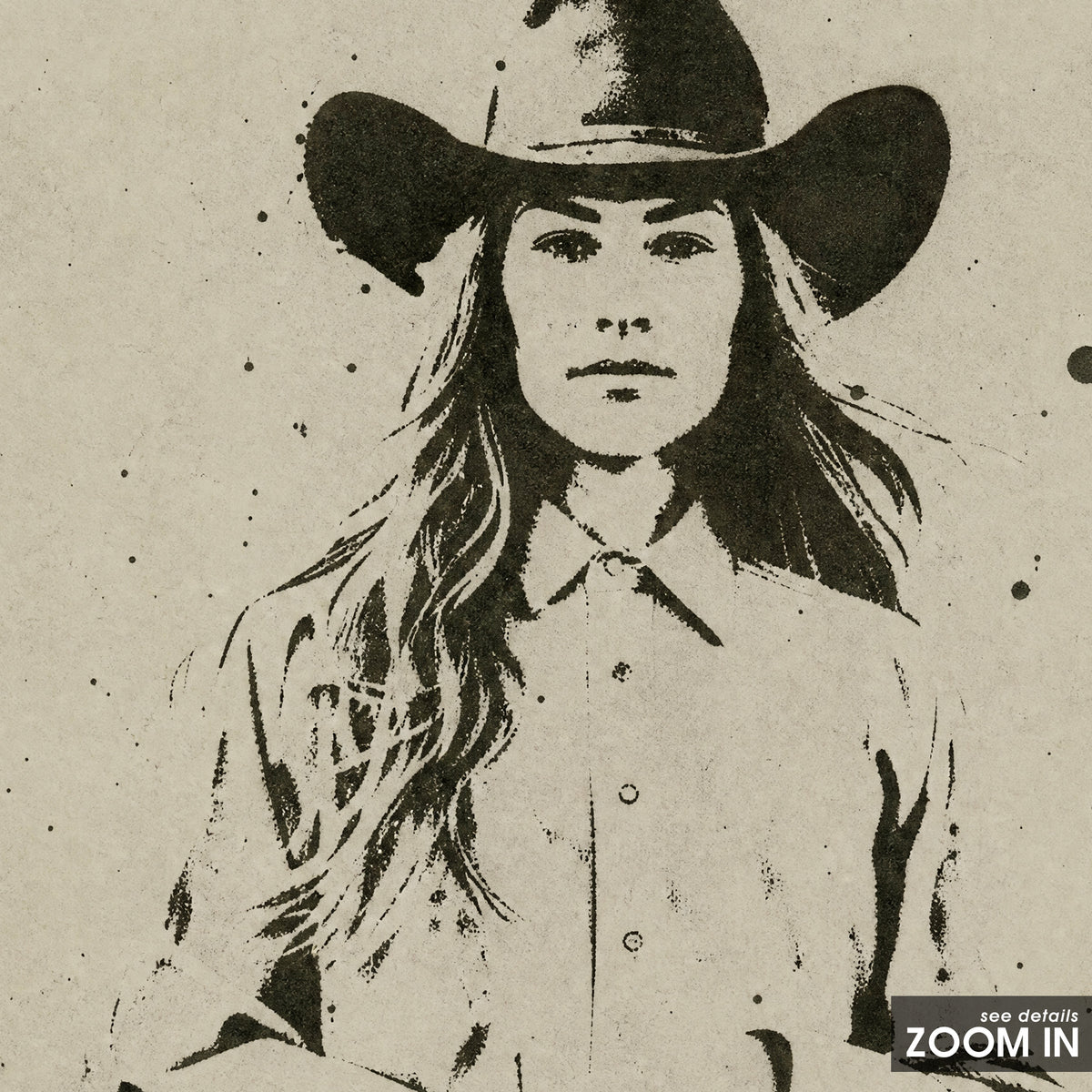 Cowgirl with Lasso artwork, close-up of the printed details