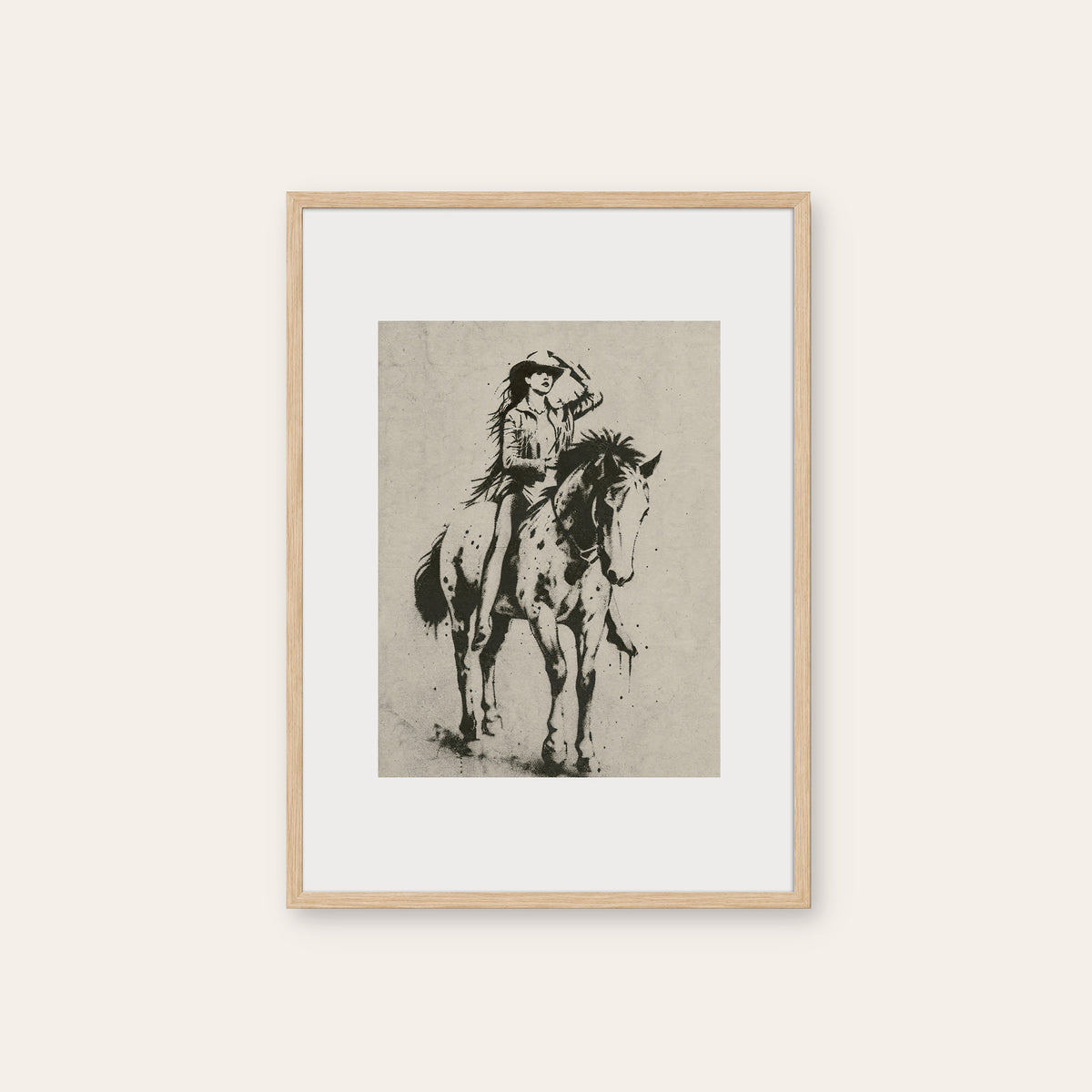 On the White Horse western print in a natural wood frame