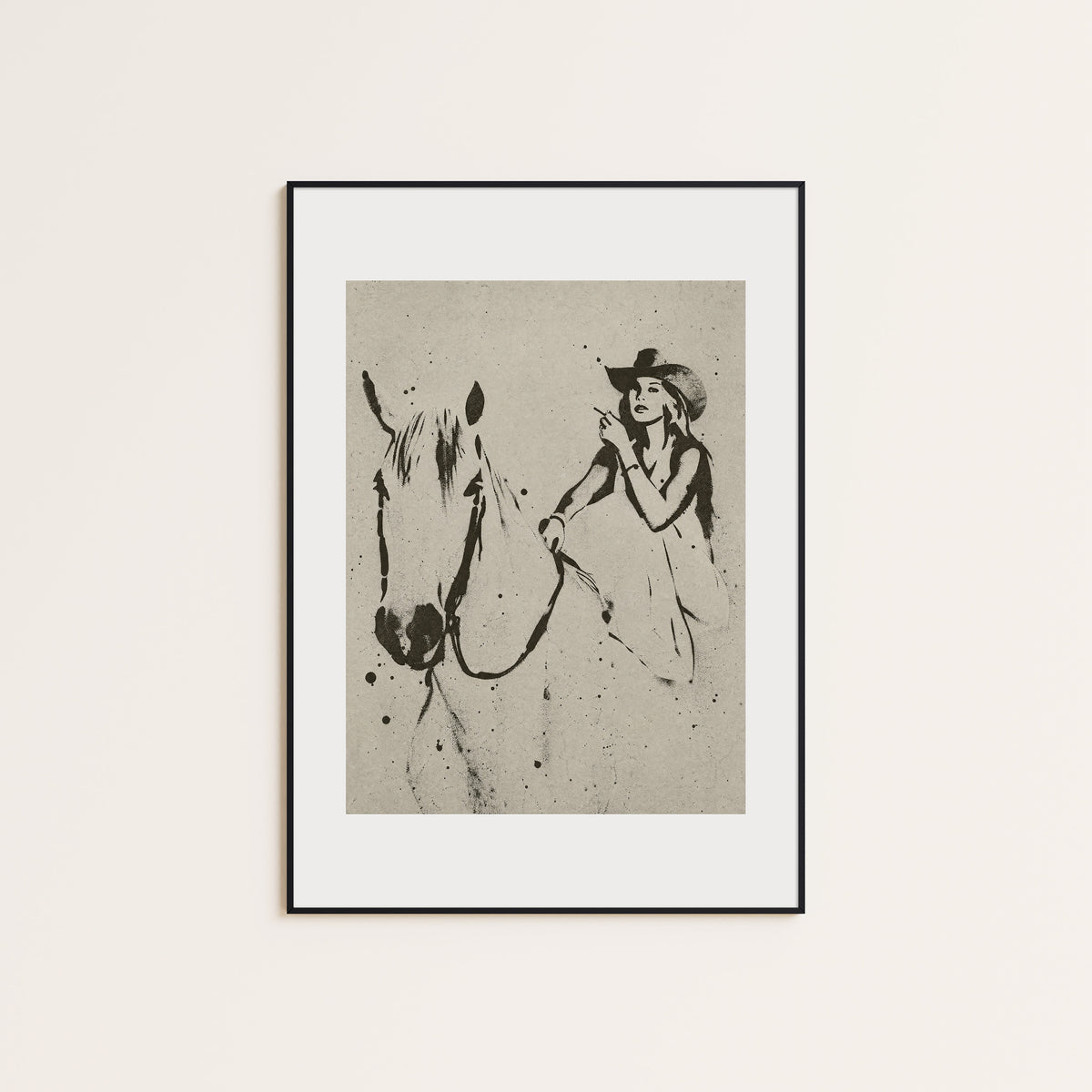 Woman and White Horse western print displayed in a slim black frame