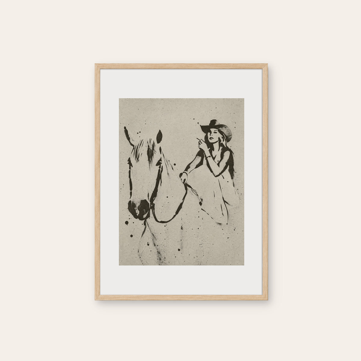Woman and White Horse western print in a natural wood frame