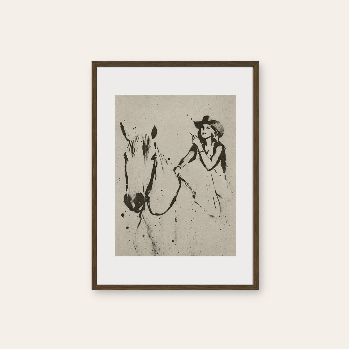 Woman and White Horse western print in a dark wood frame