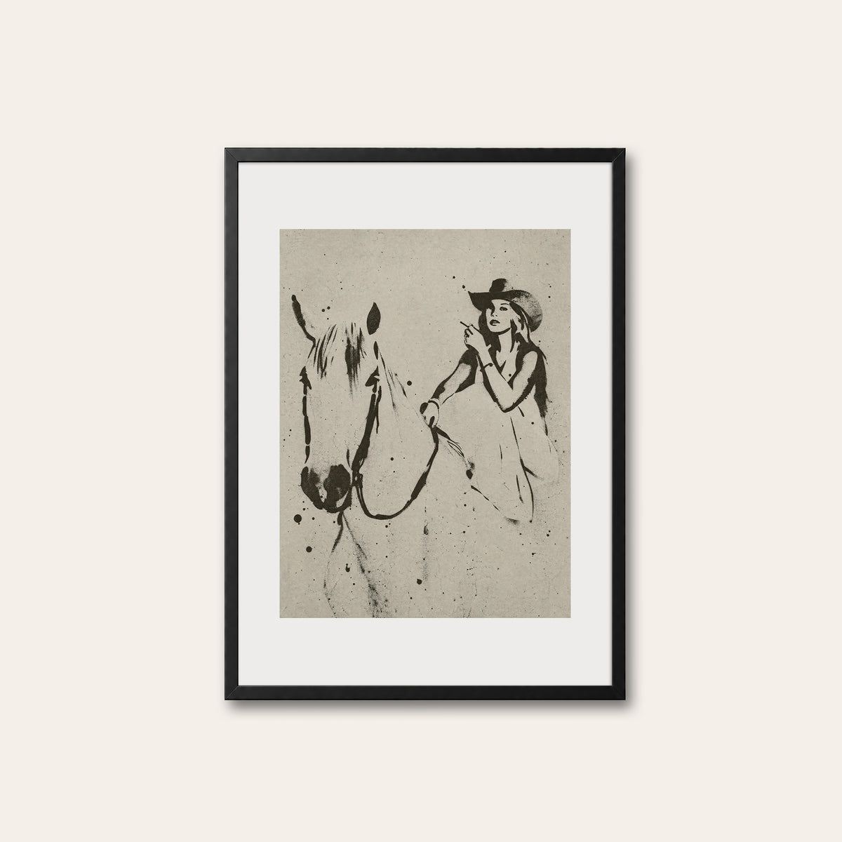 Woman and White Horse western print in a black frame