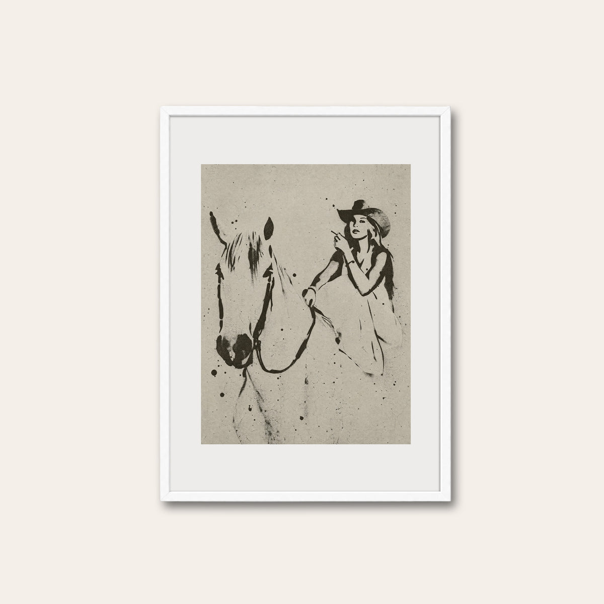 Woman and White Horse western print in a white frame