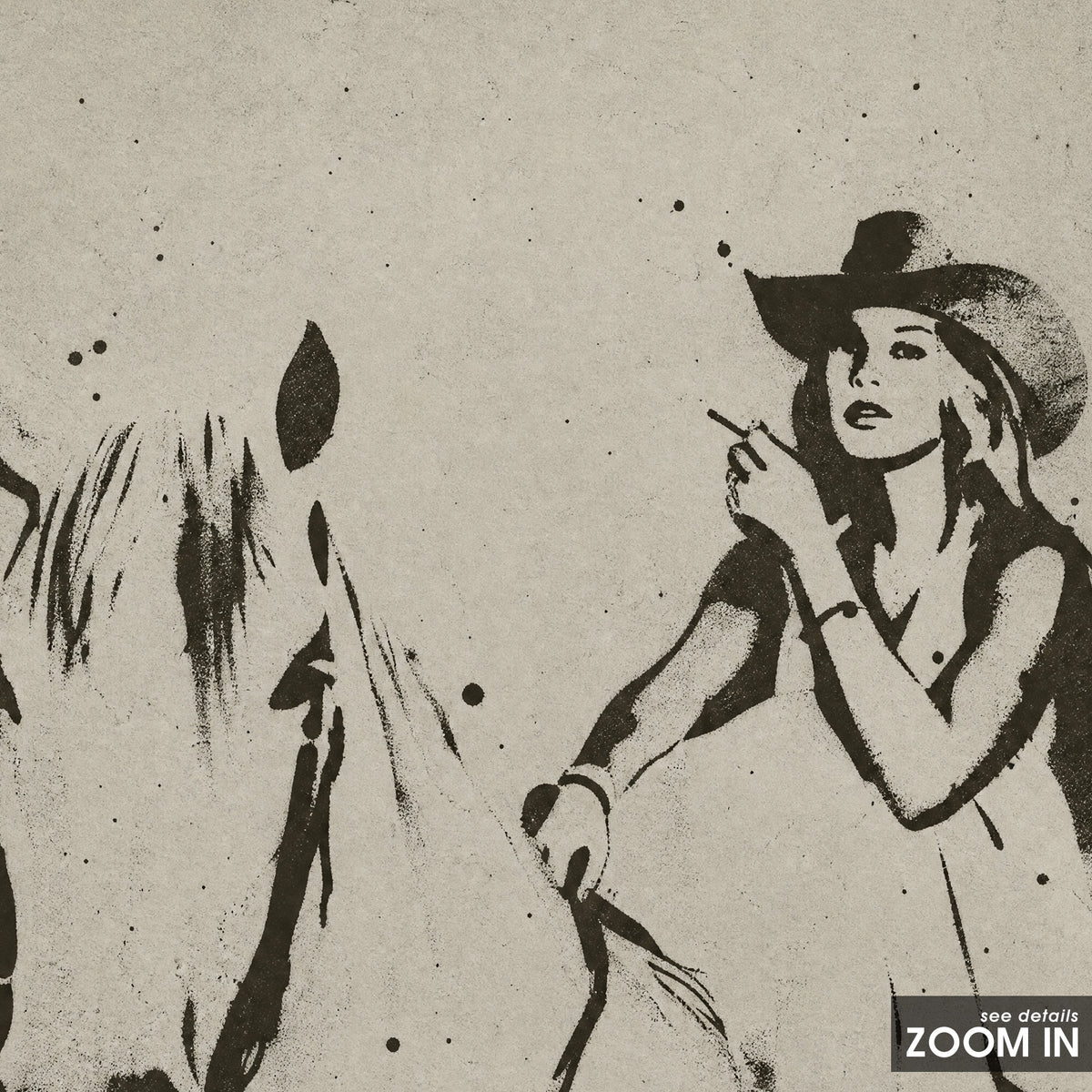 Woman and White Horse artwork, close-up of the printed details