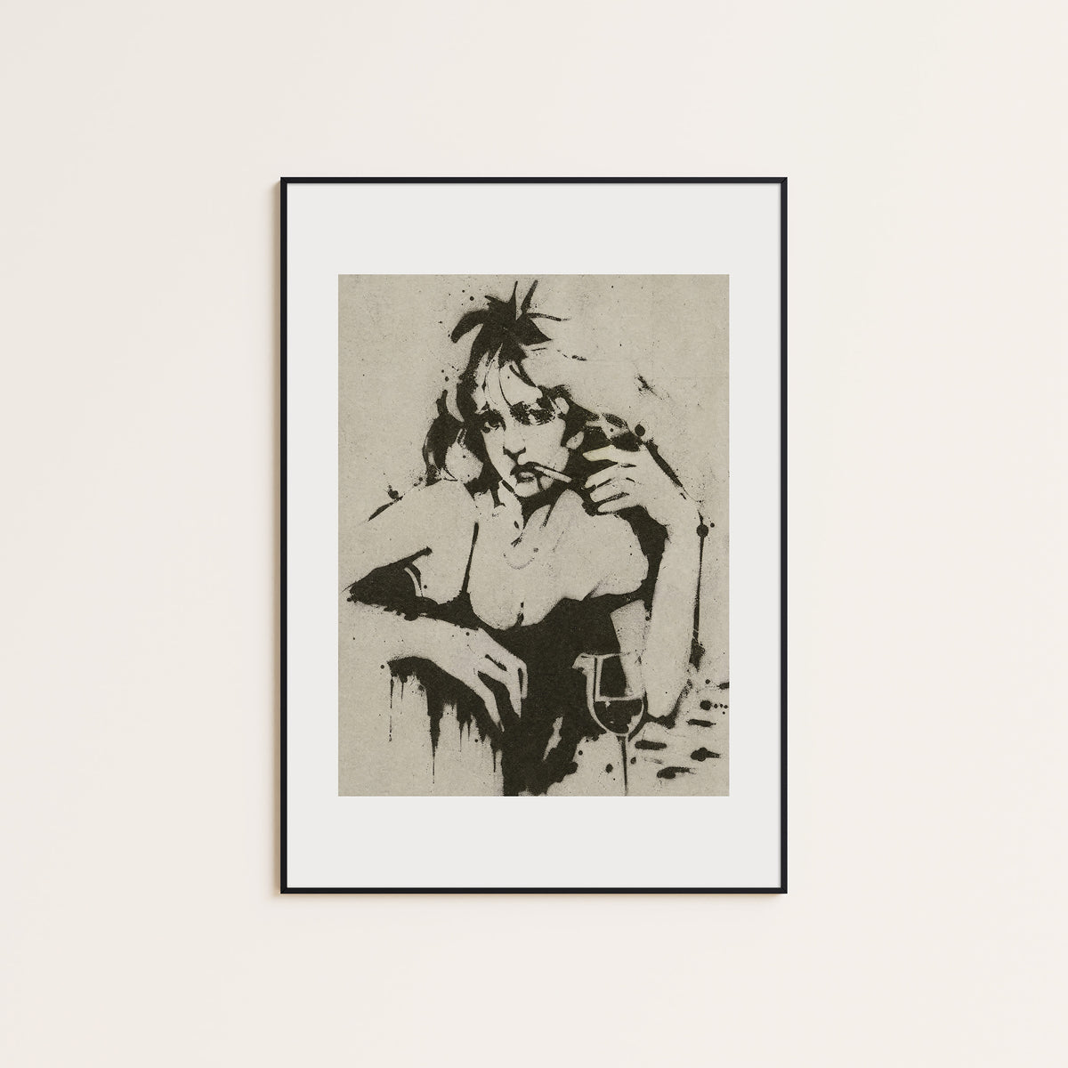Western Woman with Drink western print displayed in a slim black frame