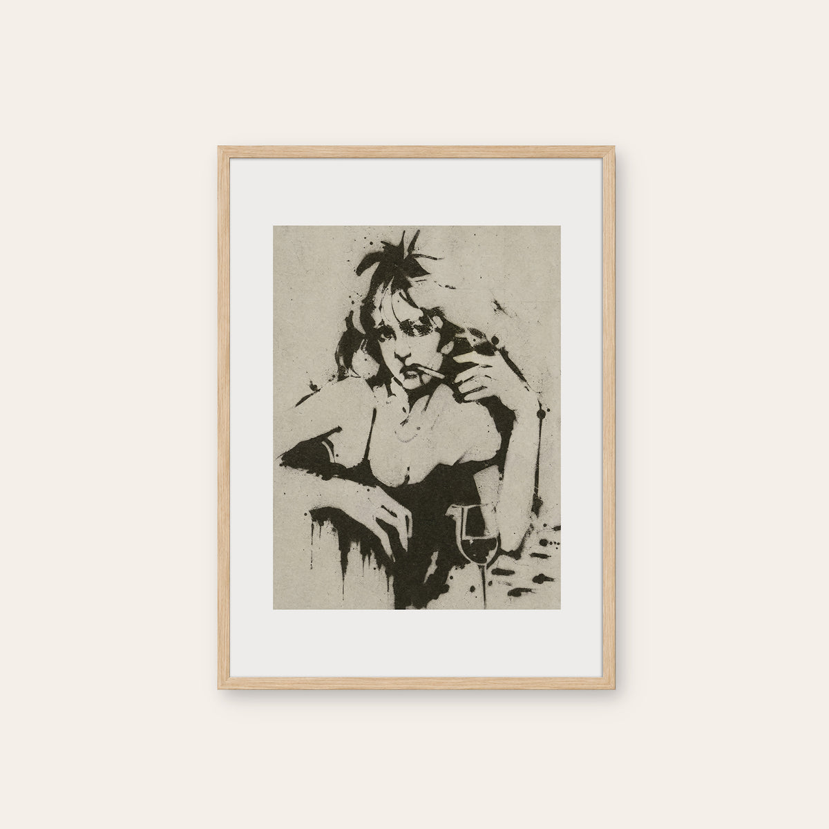 Western Woman with Drink western print in a natural wood frame
