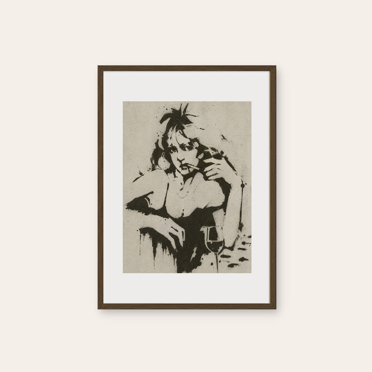 Western Woman with Drink western print in a dark wood frame