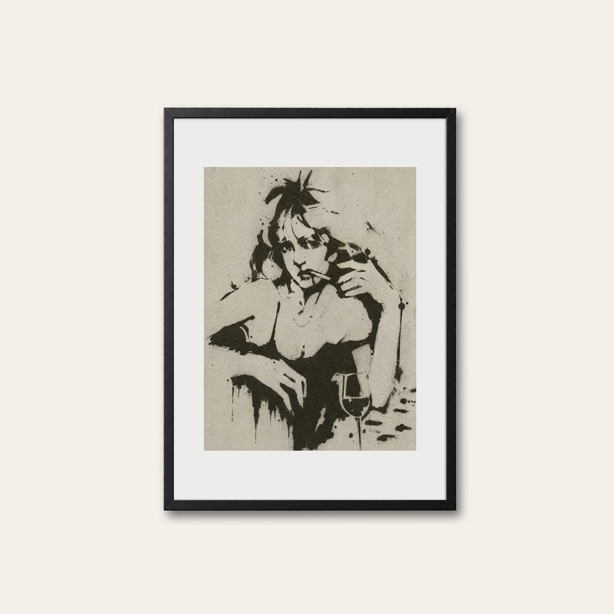 Western Woman with Drink western print in a black frame