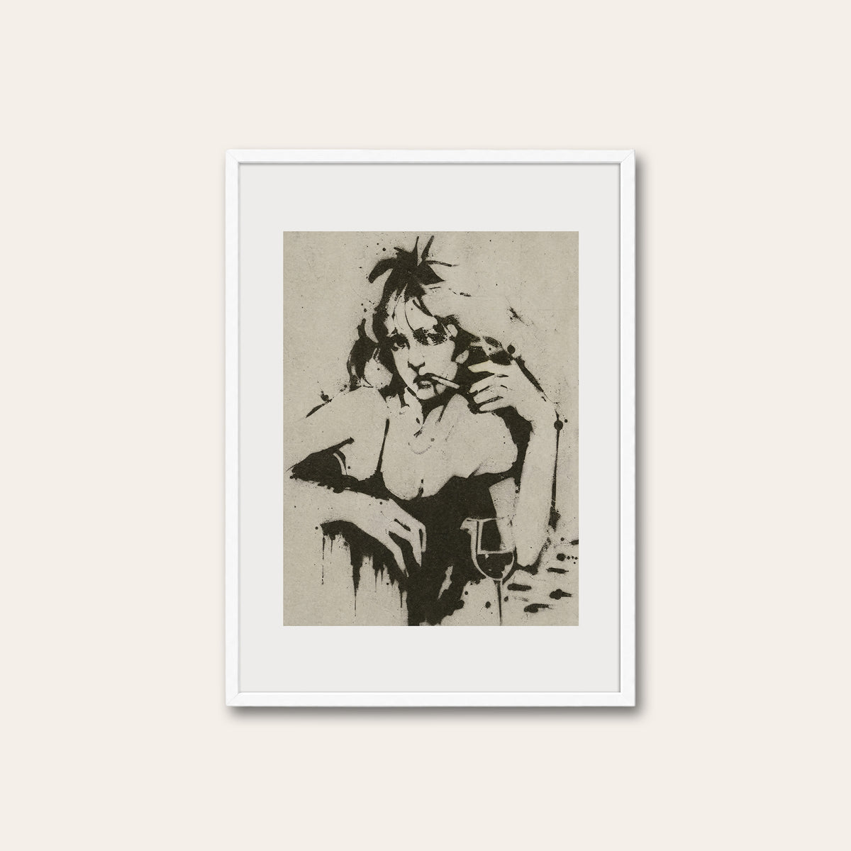 Western Woman with Drink western print in a white frame
