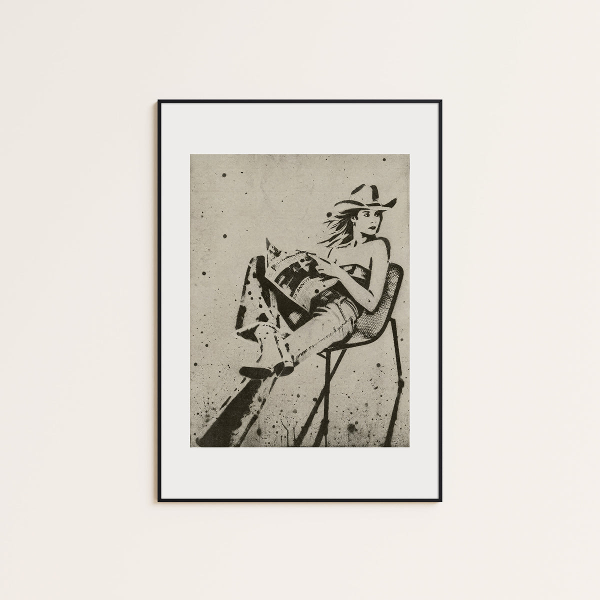 Seated Cowgirl western print displayed in a slim black frame