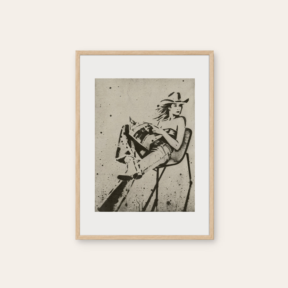 Seated Cowgirl western print in a natural wood frame