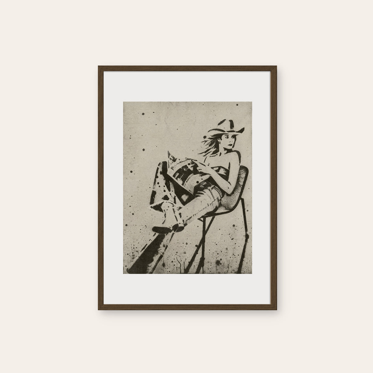Seated Cowgirl western print in a dark wood frame