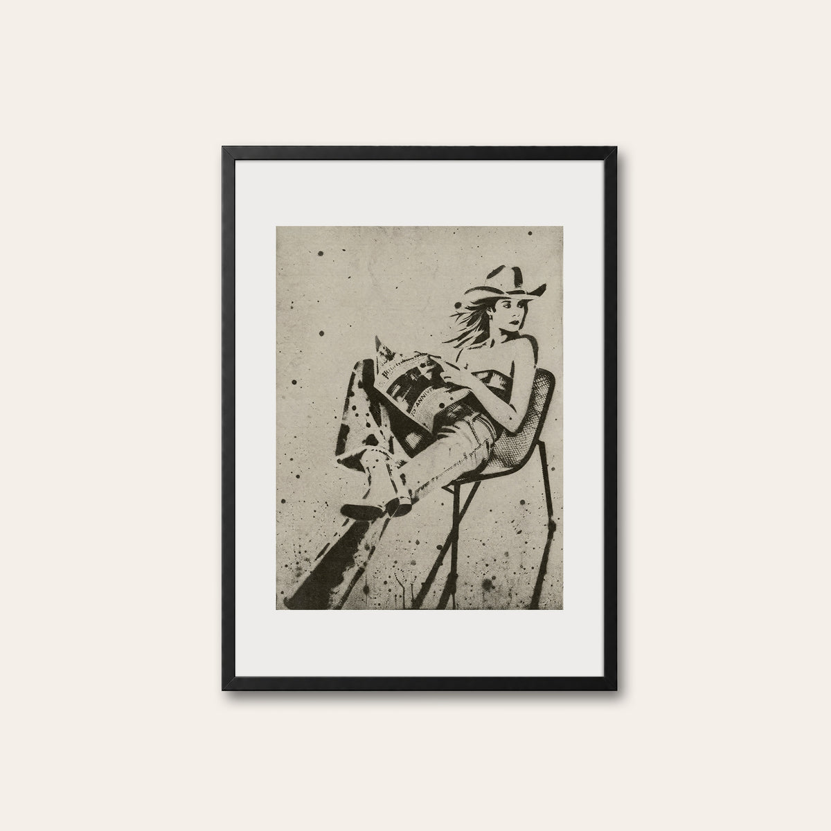 Seated Cowgirl western print in a black frame