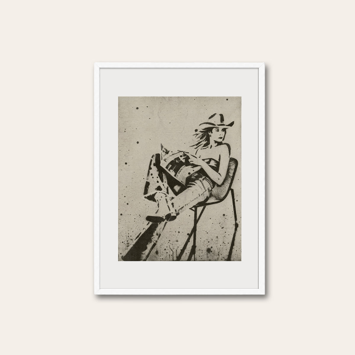 Seated Cowgirl western print in a white frame