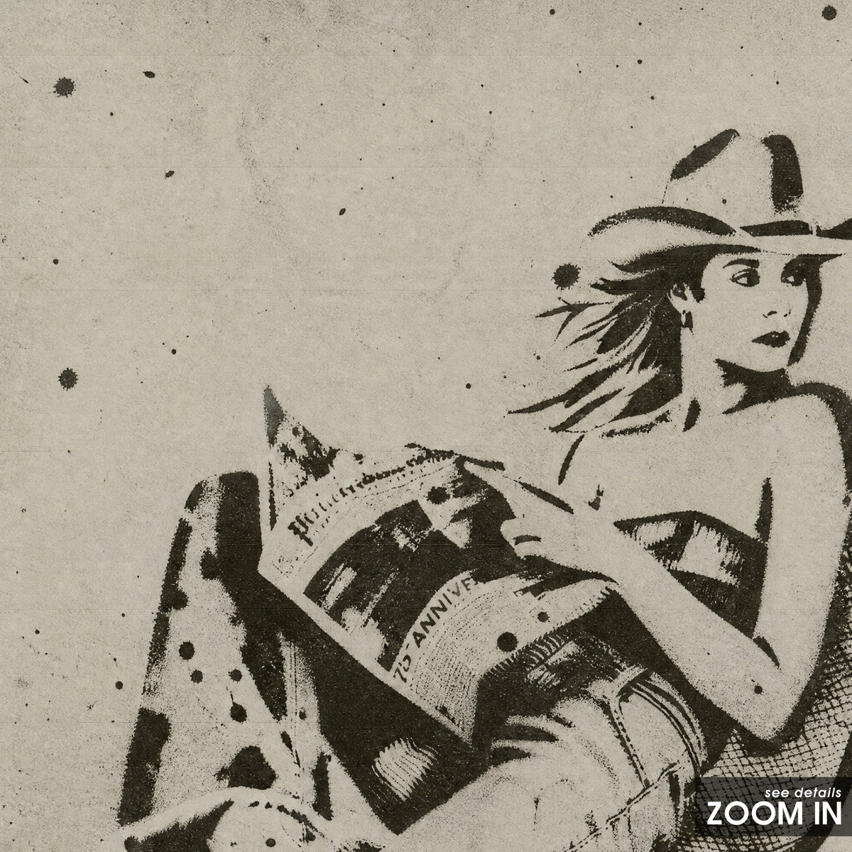 Seated Cowgirl artwork, close-up of the printed details