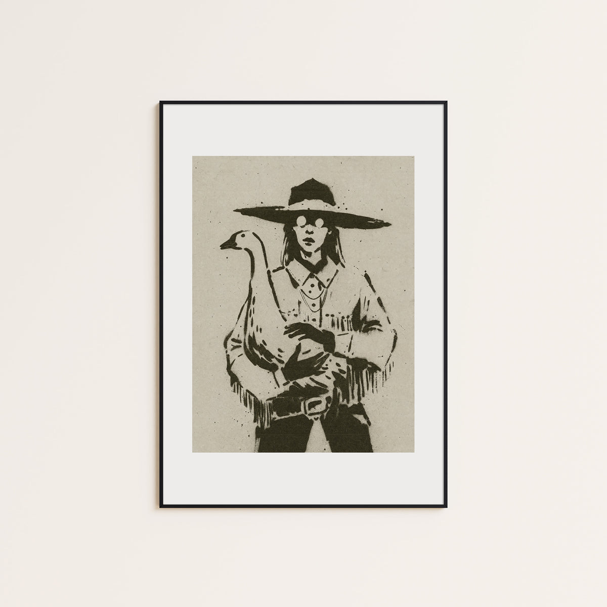 Cowgirl with Goose western print displayed in a slim black frame