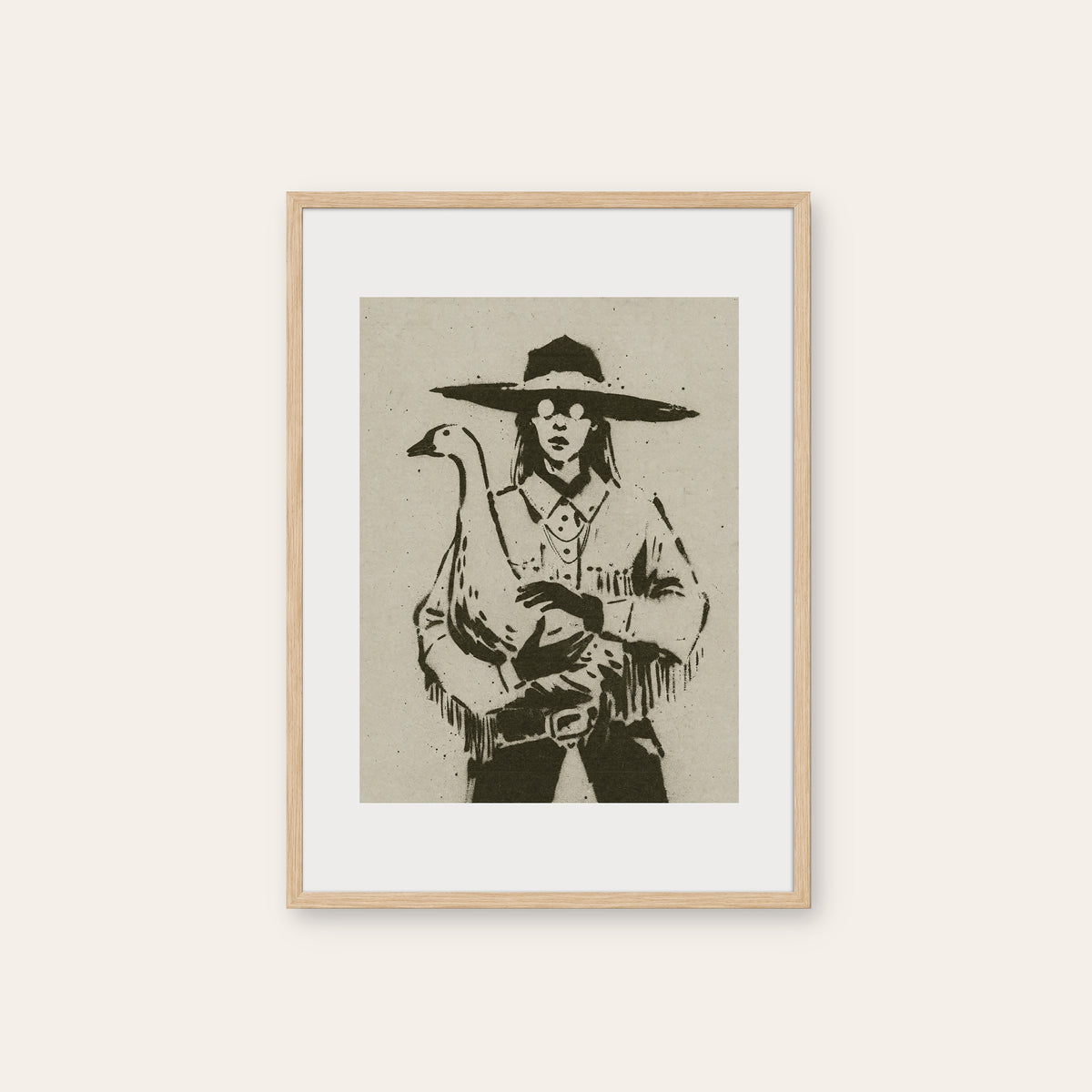 Cowgirl with Goose western print in a natural wood frame