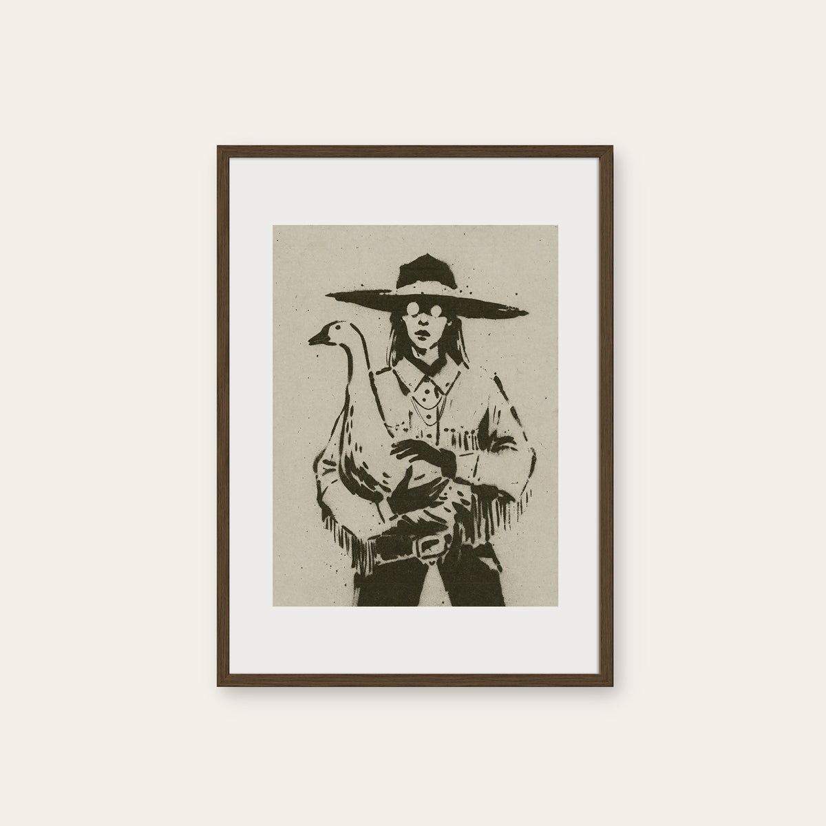 Cowgirl with Goose western print in a dark wood frame
