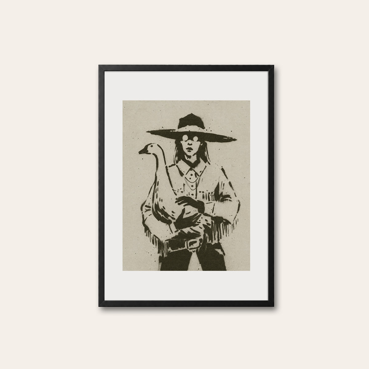 Cowgirl with Goose western print in a black frame