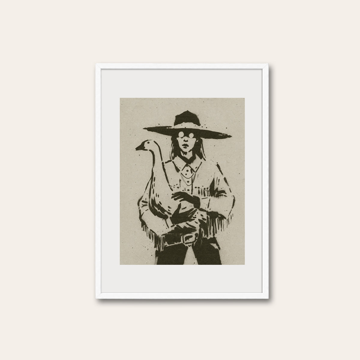 Cowgirl with Goose western print in a white frame