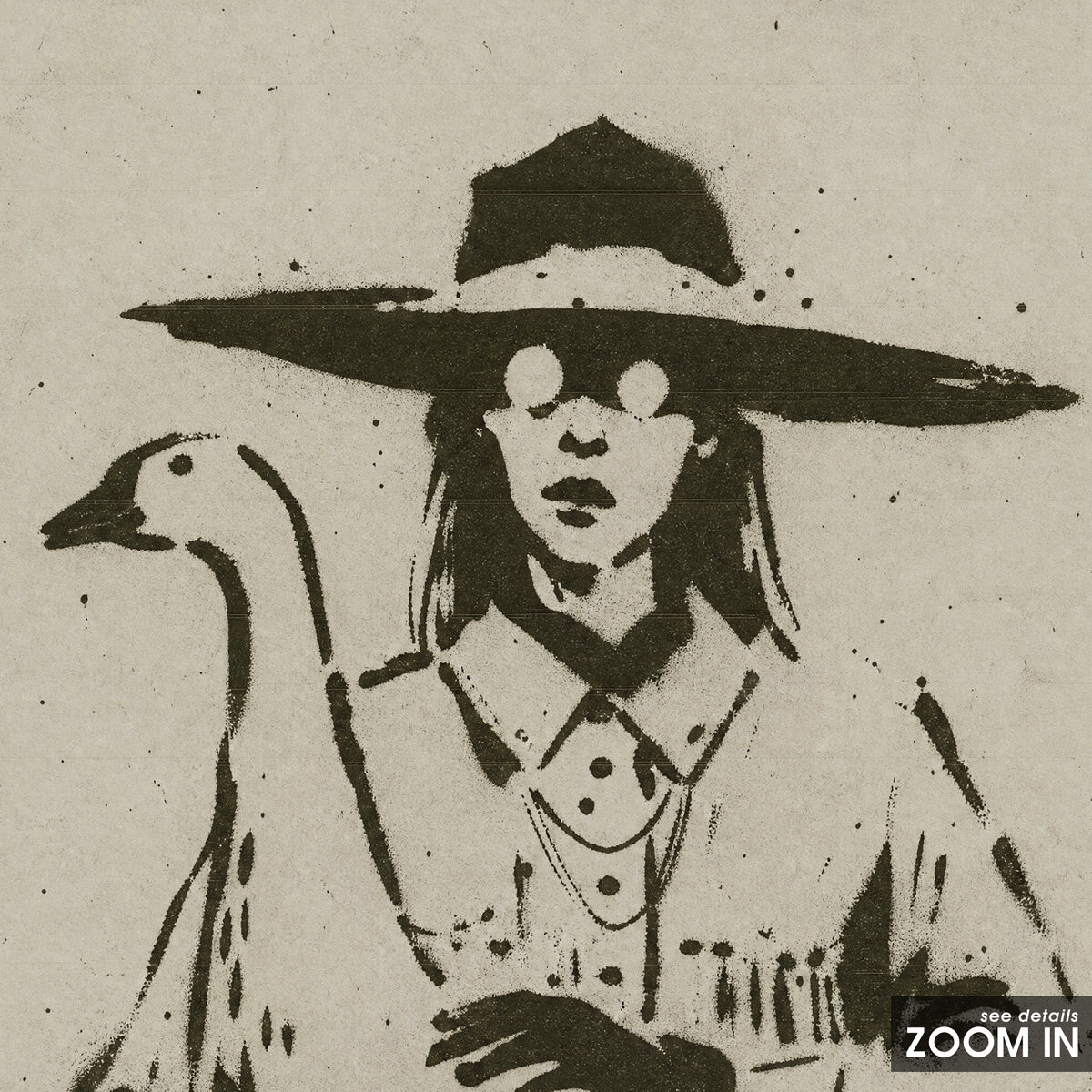 Cowgirl with Goose artwork, close-up of the printed details