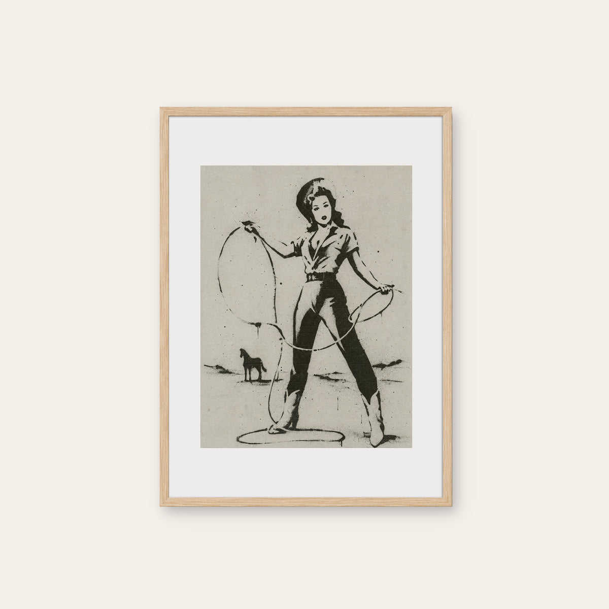 Lasso Practice western print in a natural wood frame