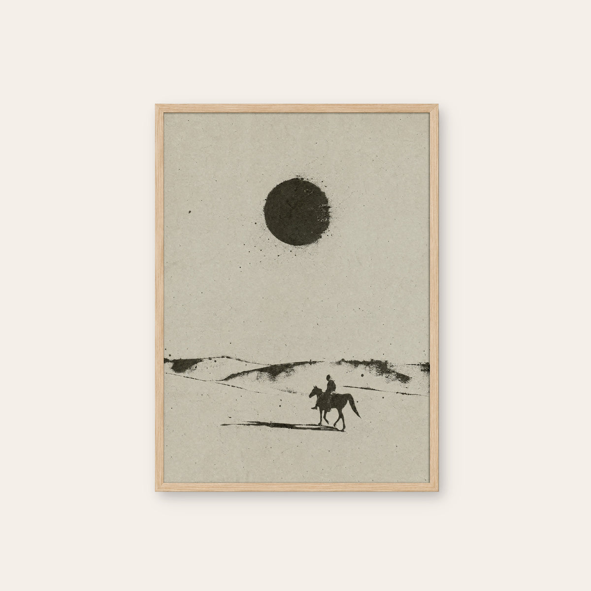 Desert Sun Rider western print in a natural wood frame