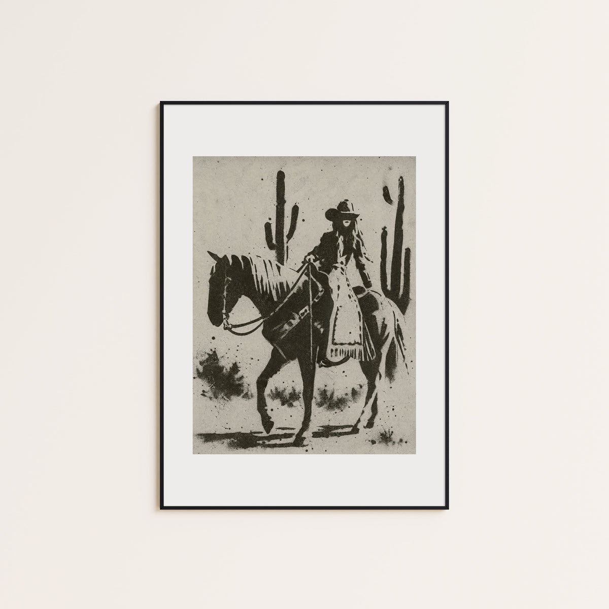 Cactus Trail Cowgirl western print displayed in a slim black frame