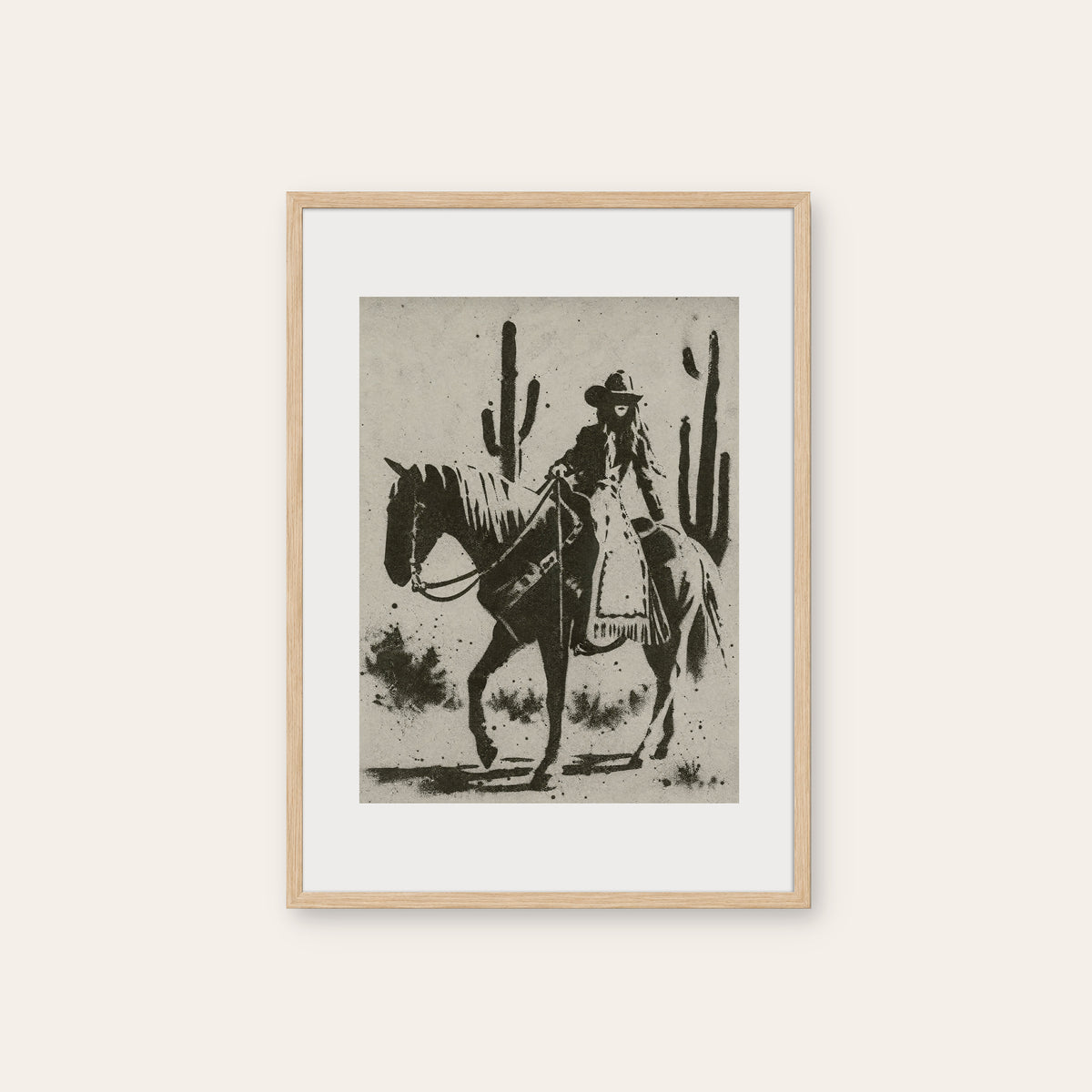 Cactus Trail Cowgirl western print in a natural wood frame