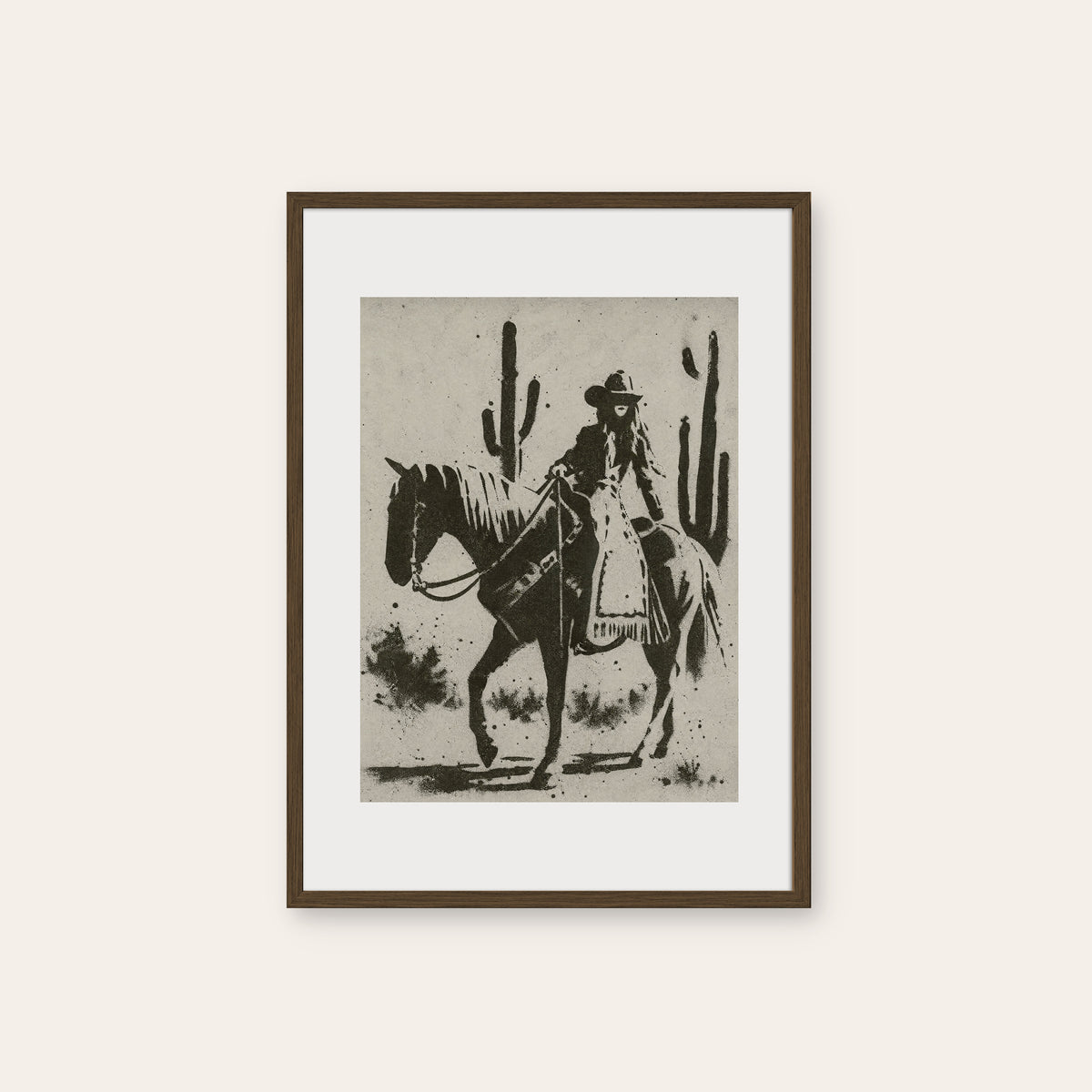 Cactus Trail Cowgirl western print in a dark wood frame