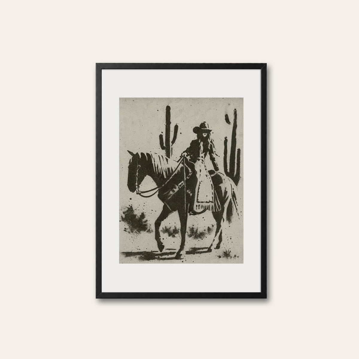 Cactus Trail Cowgirl western print in a black frame