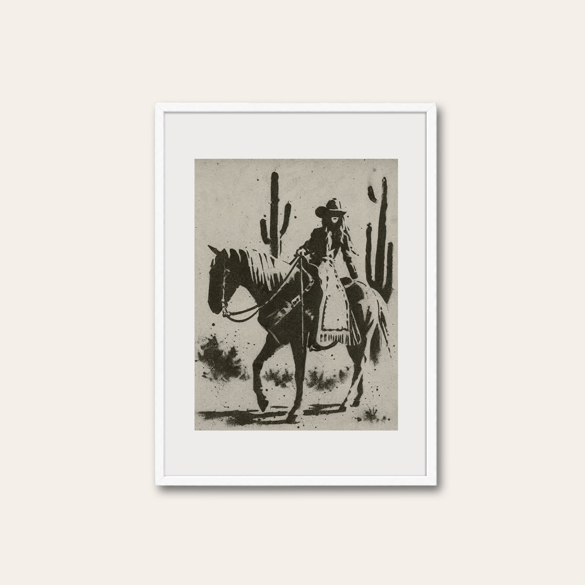 Cactus Trail Cowgirl western print in a white frame