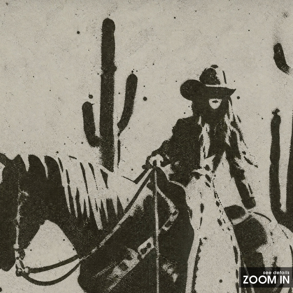 Cactus Trail Cowgirl artwork, close-up of the printed details