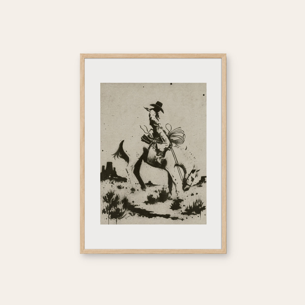 Bucking Bronco I western print in a natural wood frame