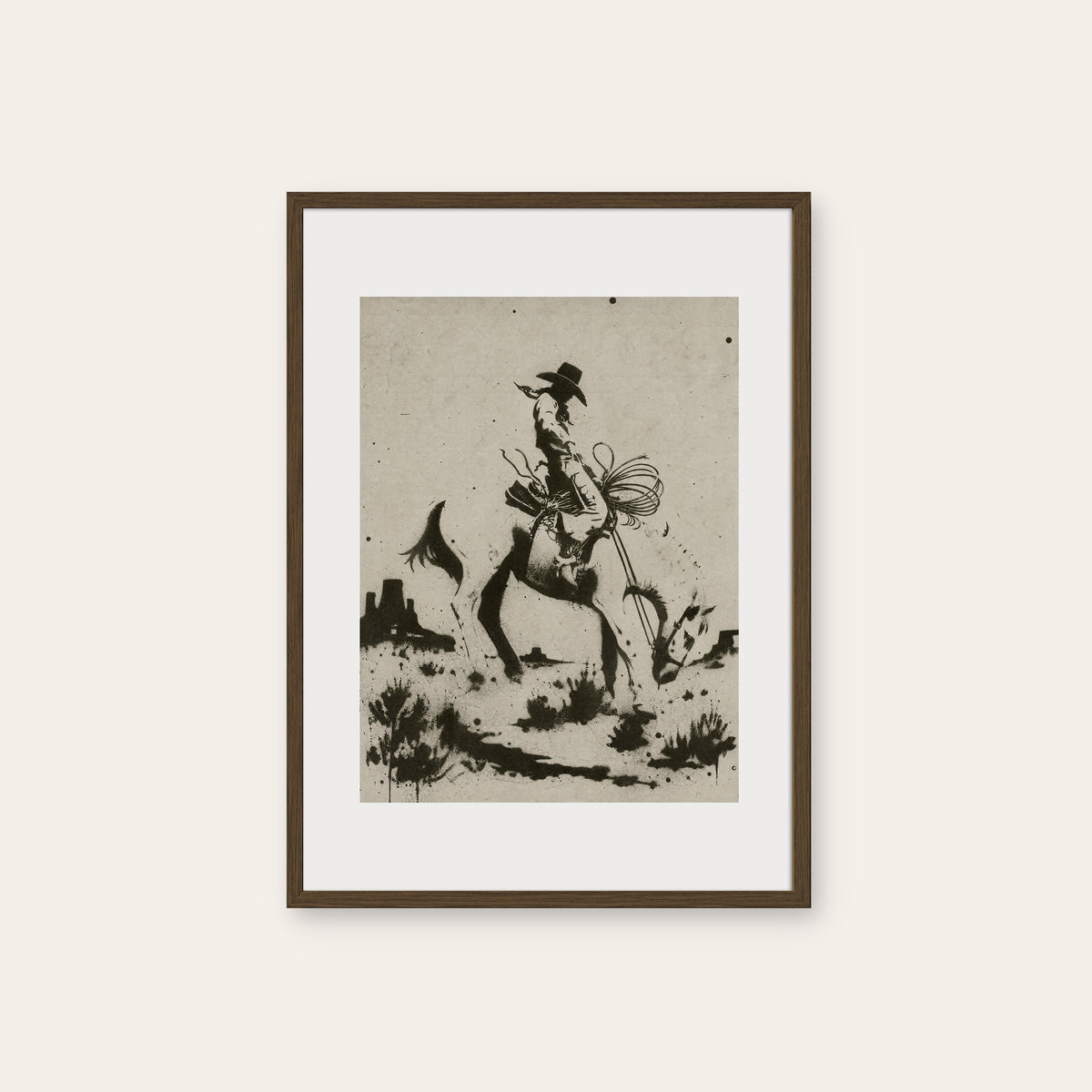 Bucking Bronco I western print in a dark wood frame