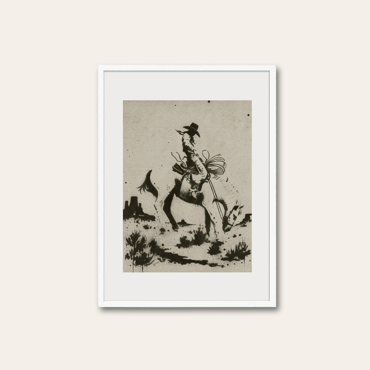 Bucking Bronco I western print in a white frame