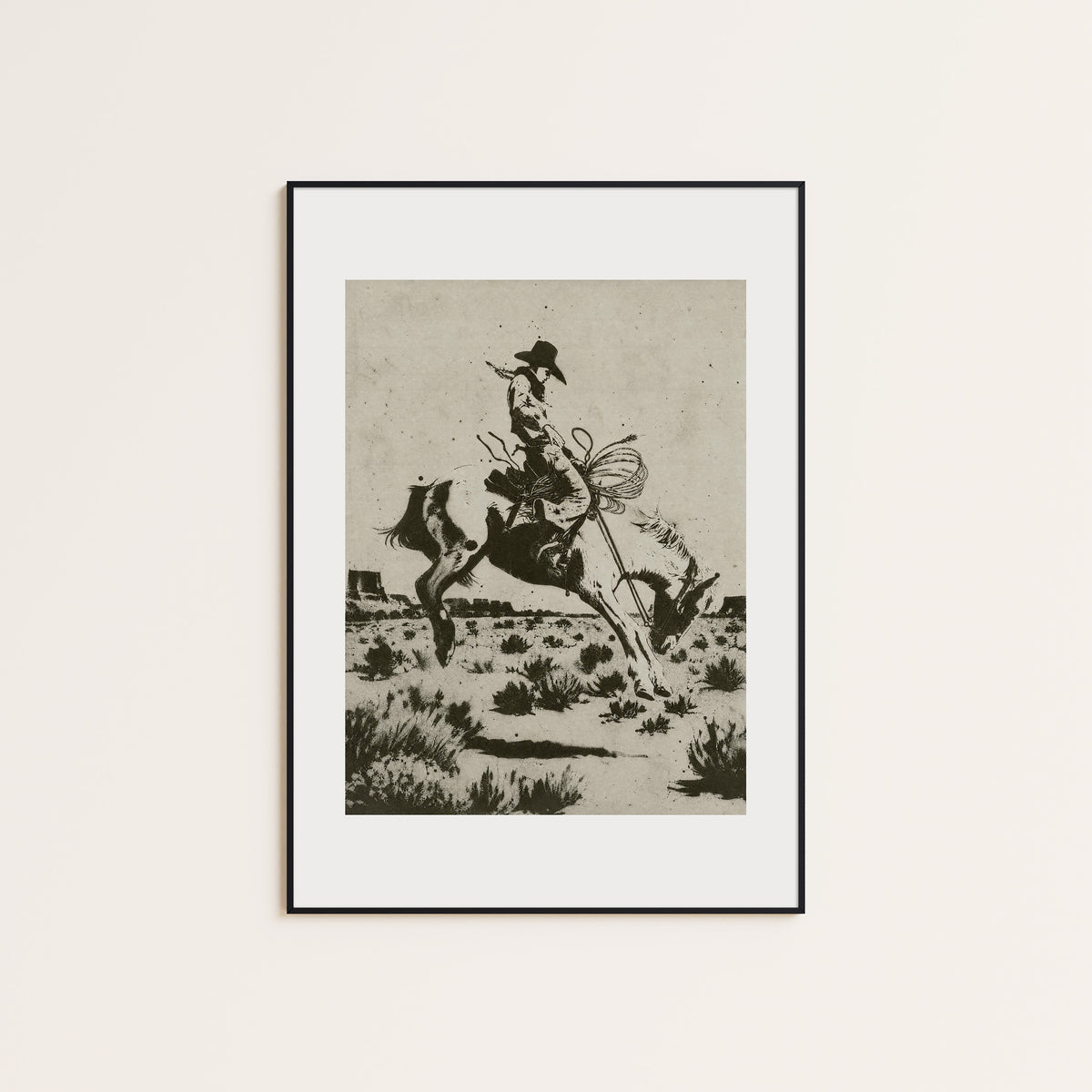 Bucking Bronco II western print displayed in a slim black frame