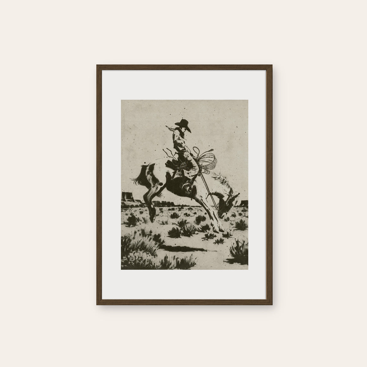 Bucking Bronco II western print in a dark wood frame
