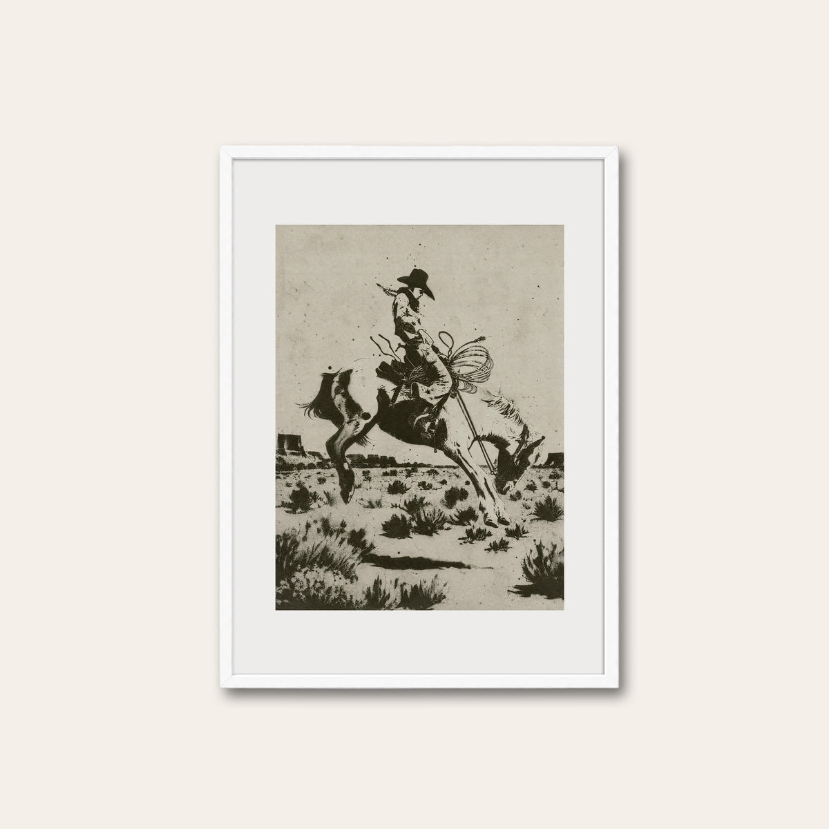 Bucking Bronco II western print in a white frame