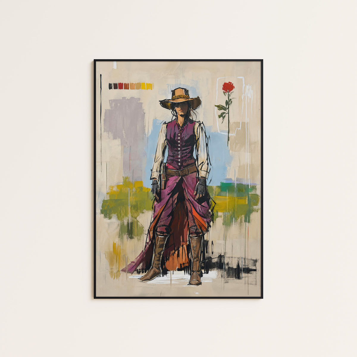 Violet Trail Cowgirl western print displayed in a slim black frame
