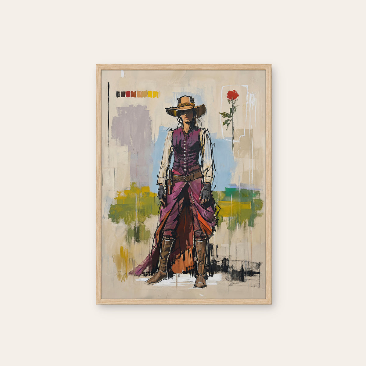 Violet Trail Cowgirl western print in a natural wood frame