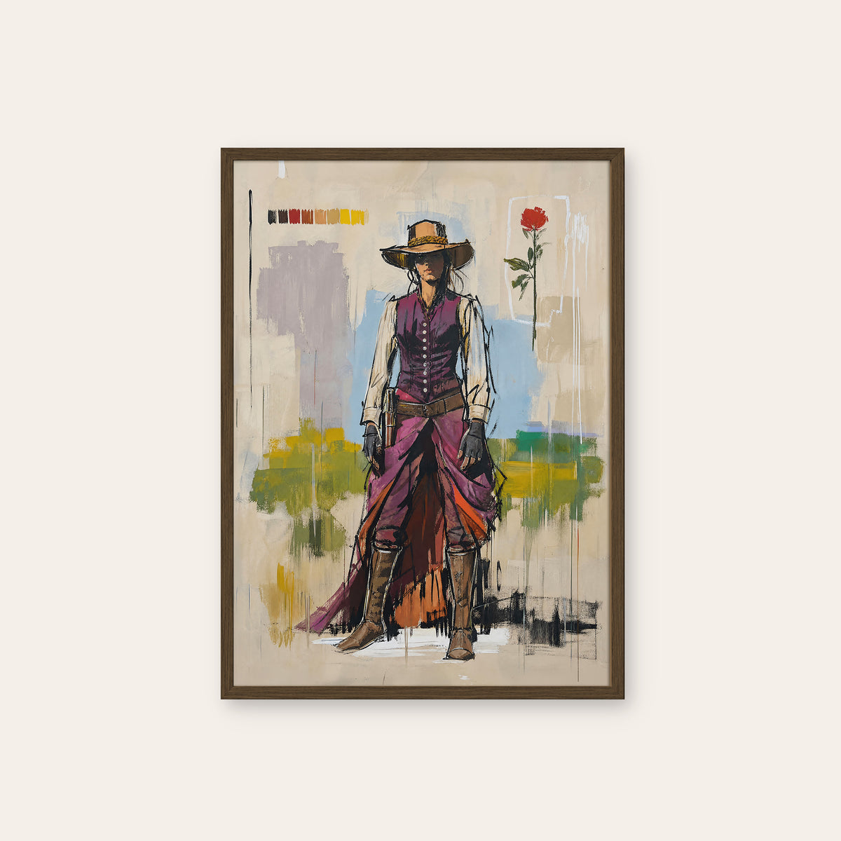 Violet Trail Cowgirl western print in a dark wood frame