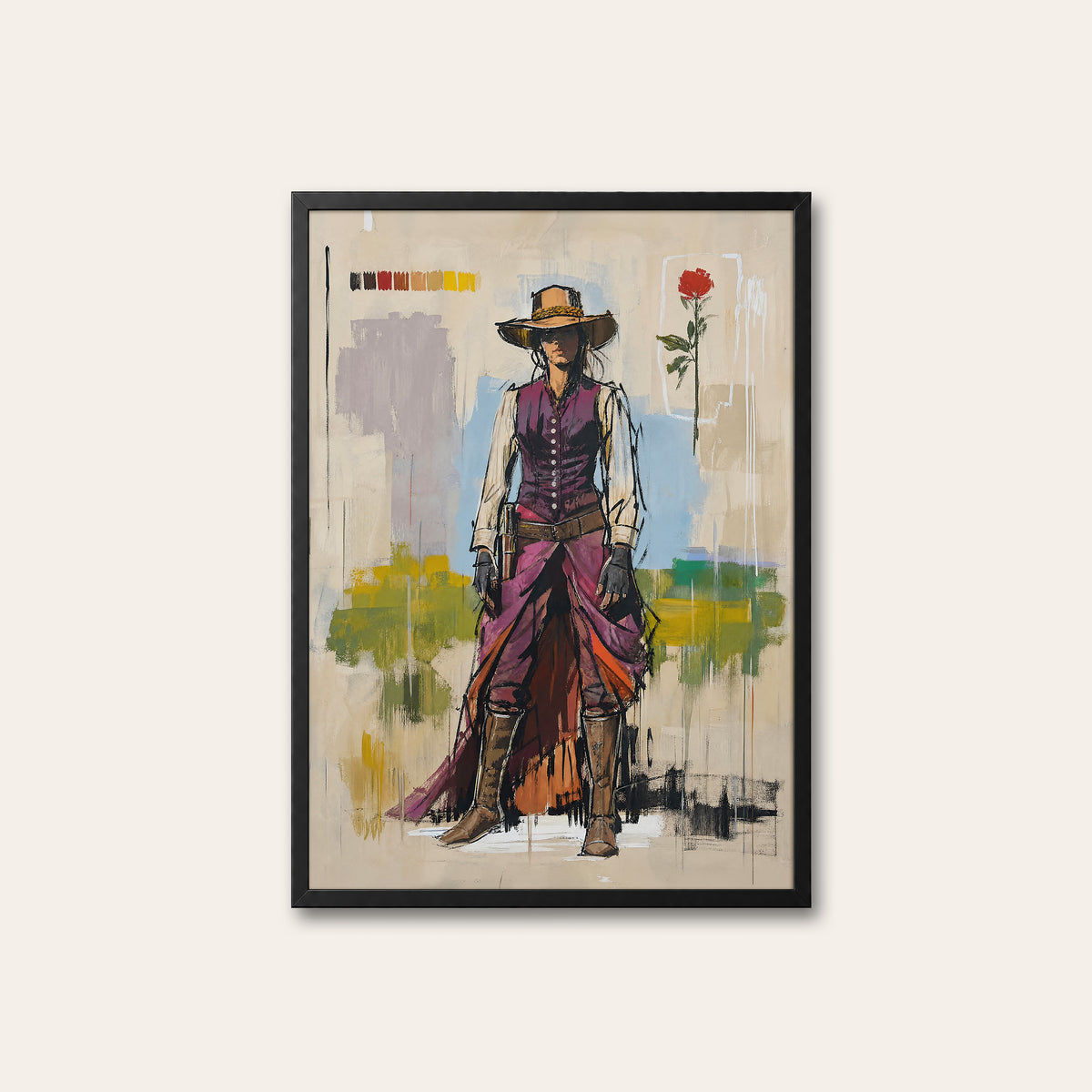 Violet Trail Cowgirl western print in a black frame