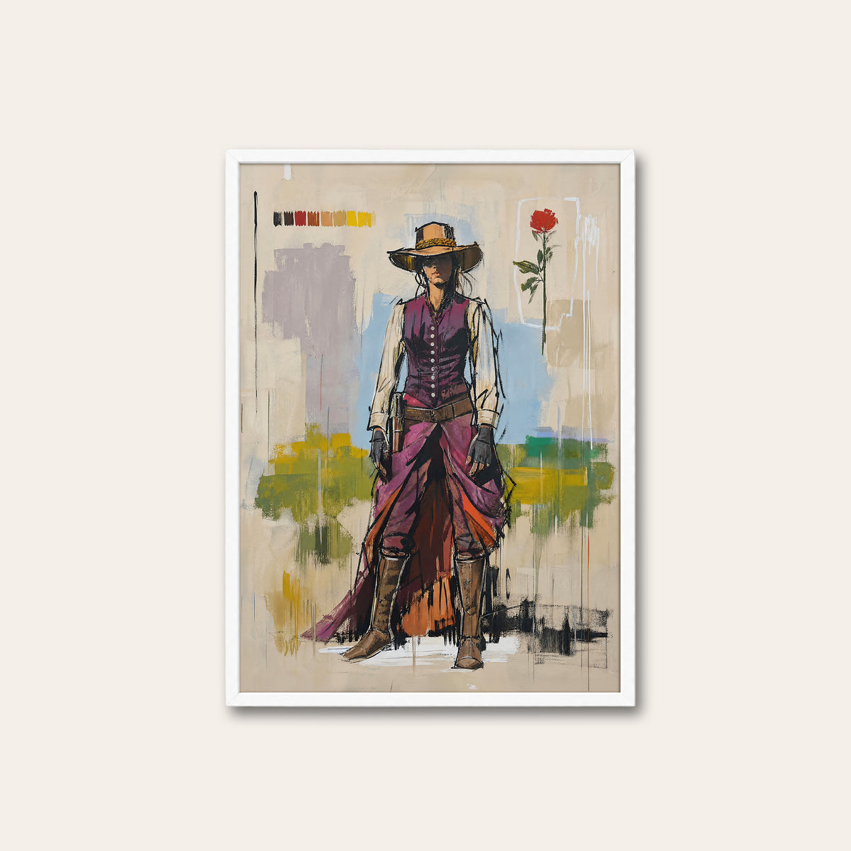 Violet Trail Cowgirl western print in a white frame