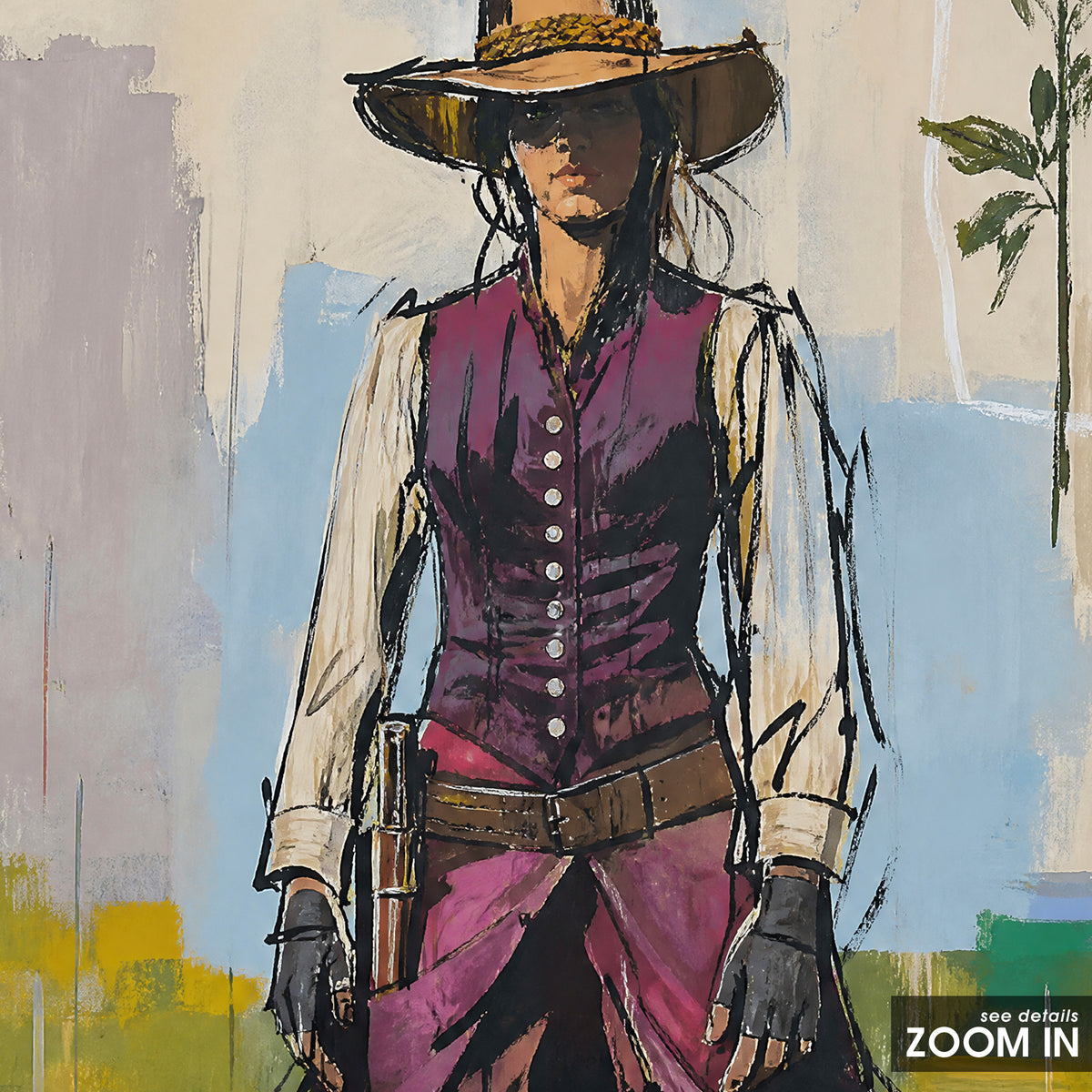 Violet Trail Cowgirl artwork, close-up of the printed details