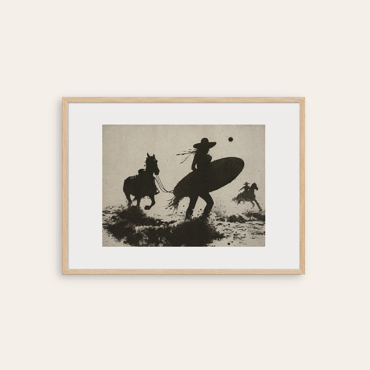Surfbound Cowboy - Surreal Western Print - natural wood frame