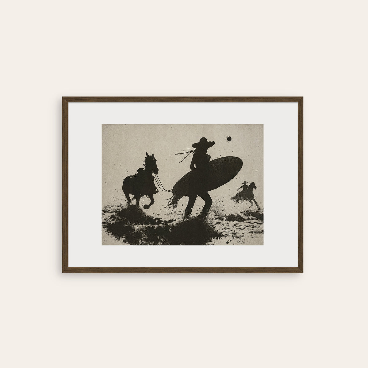 Surfbound Cowboy - Surreal Western Print - dark wood frame