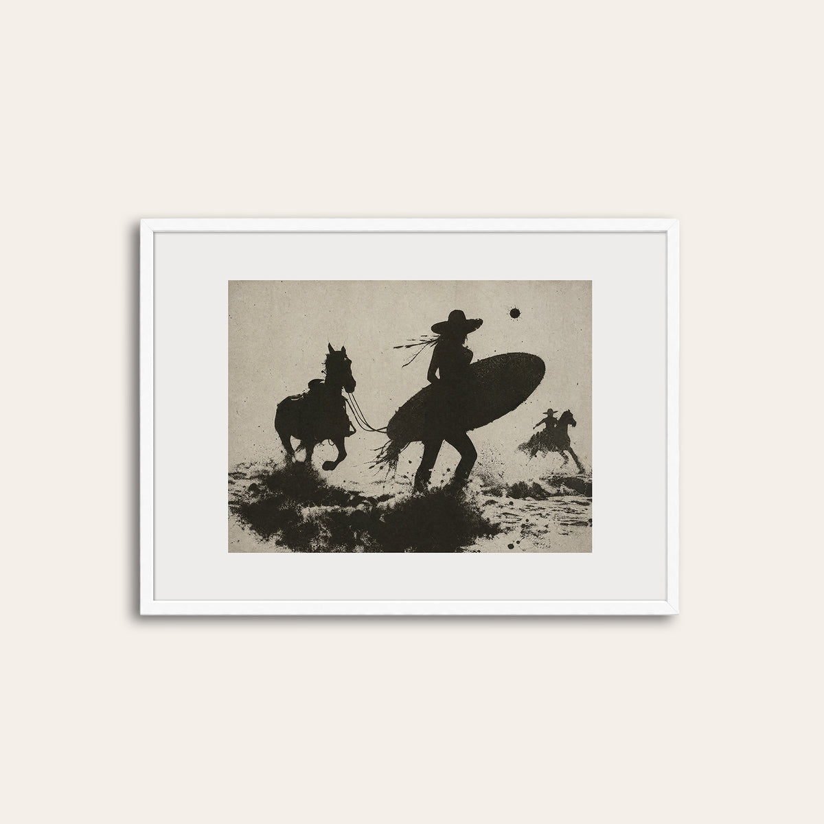Surfbound Cowboy - Surreal Western Print - white frame