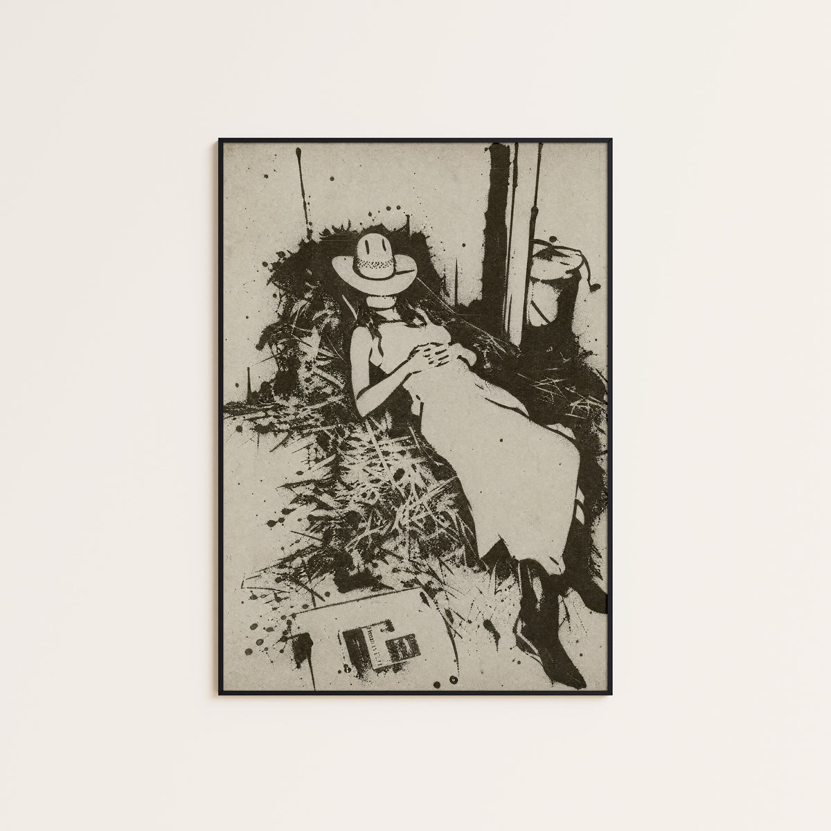 Hayloft Cowgirl western print displayed in a slim black frame