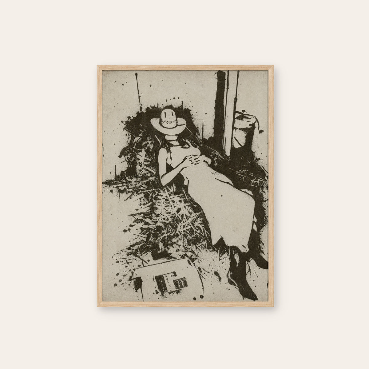 Hayloft Cowgirl western print in a natural wood frame